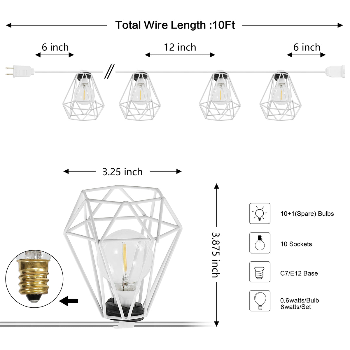 Londo 10-Light Indoor/Outdoor 10 ft. Contemporary Transitional Incandescent G40 Diamond Cage String Lights, Black