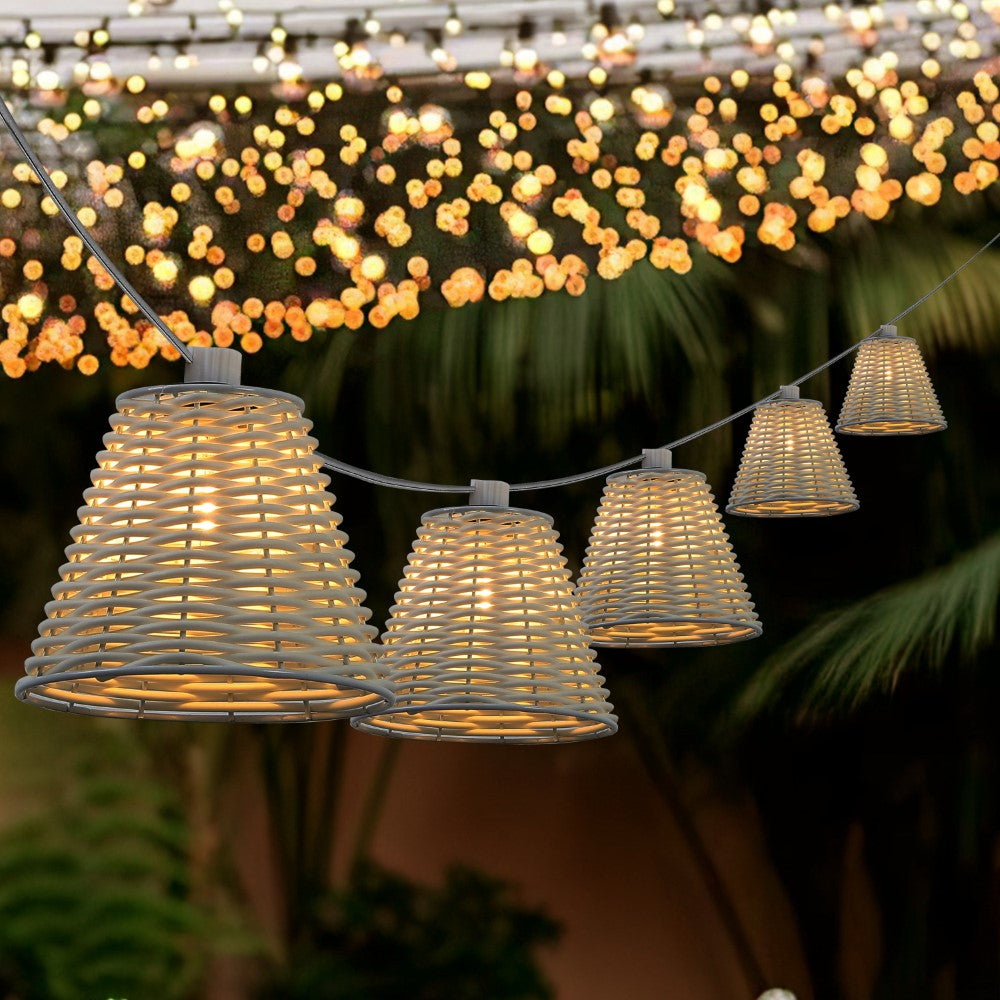 Hampton 10-Light Indoor/Outdoor 10 ft. Classic Cottage Incandescent G40 Faux-Rattan Shaded String Lights