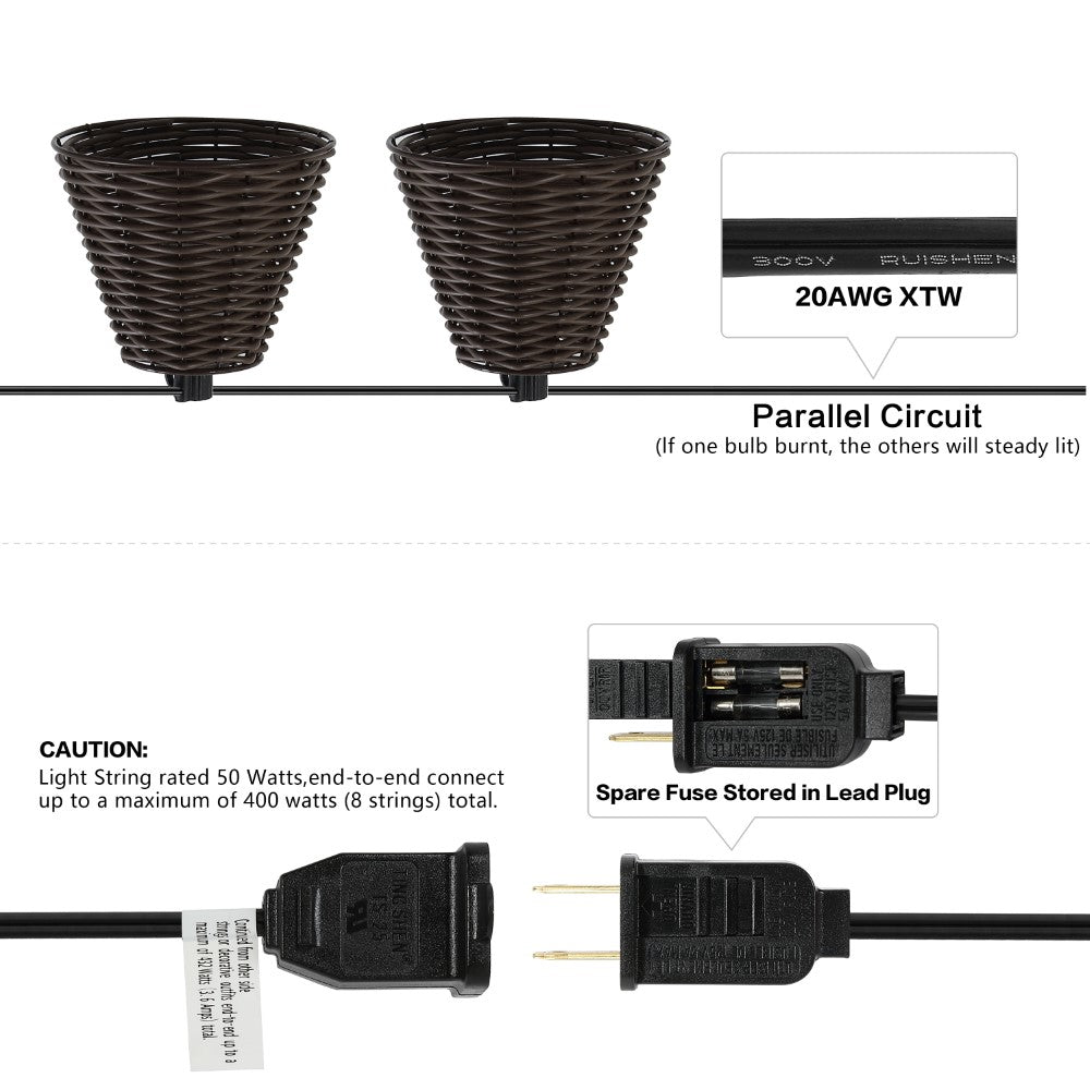 Hampton 10-Light Indoor/Outdoor 10 ft. Classic Cottage Incandescent G40 Faux-Rattan Shaded String Lights