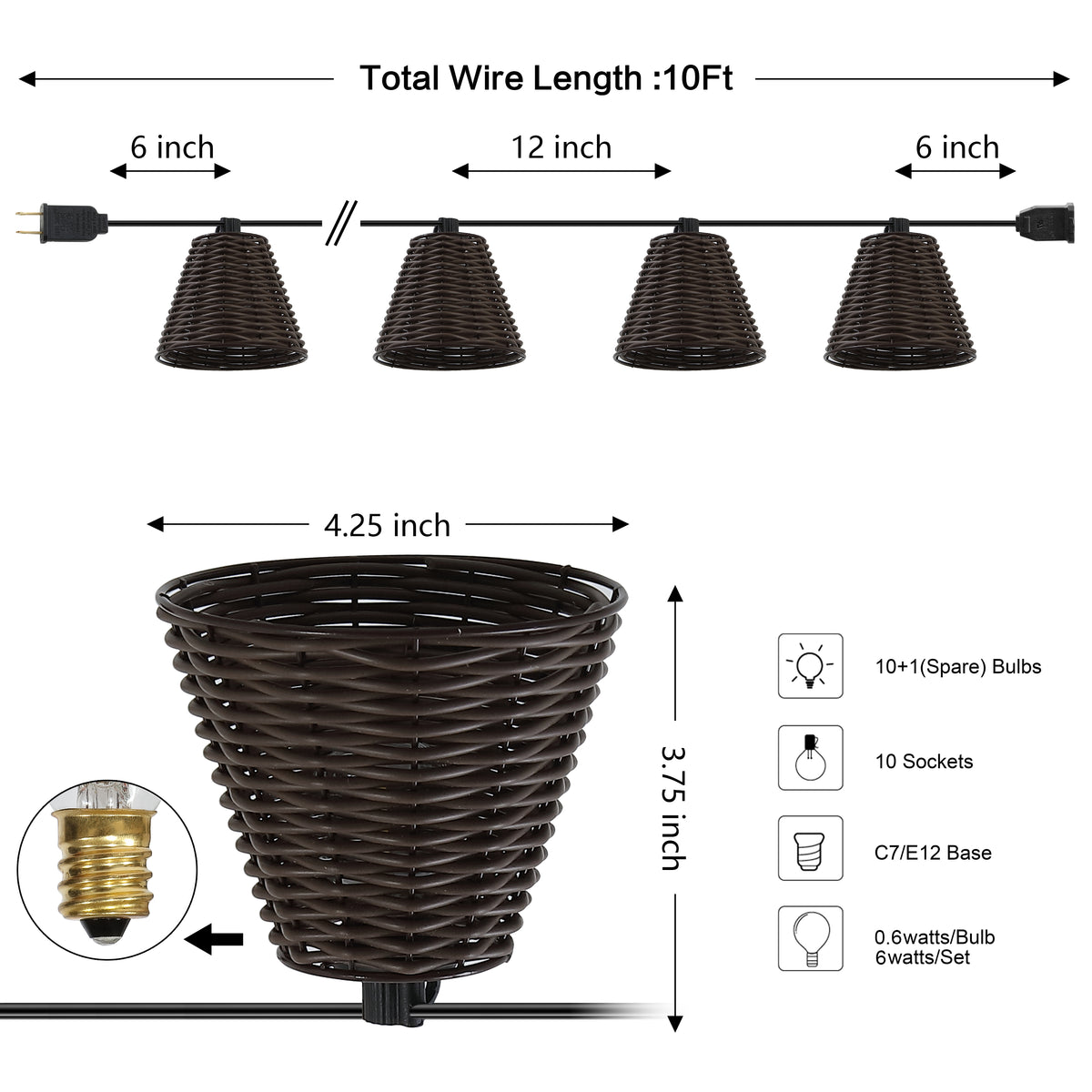 Hampton 10-Light Indoor/Outdoor 10 ft. Classic Cottage Incandescent G40 Faux-Rattan Shaded String Lights