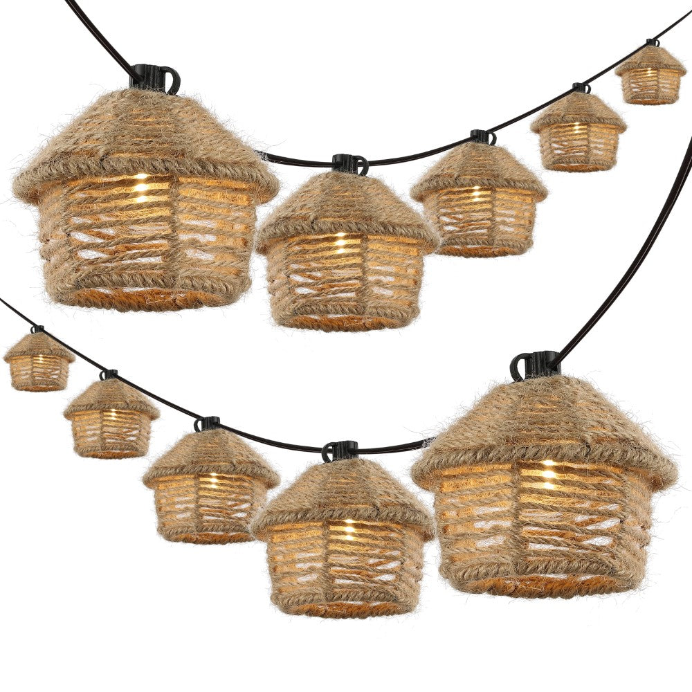 Vigdur 10-Light Indoor/Outdoor 10 ft. Mid-Century Vintage Incandescent G40 Tiki Hut Hemp Rope Shaded String Lights