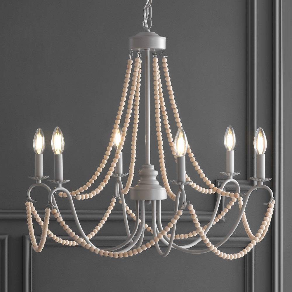 Azuero 6-Light 27" Adjustable Greige Metal/Wood Bead LED Chandelier