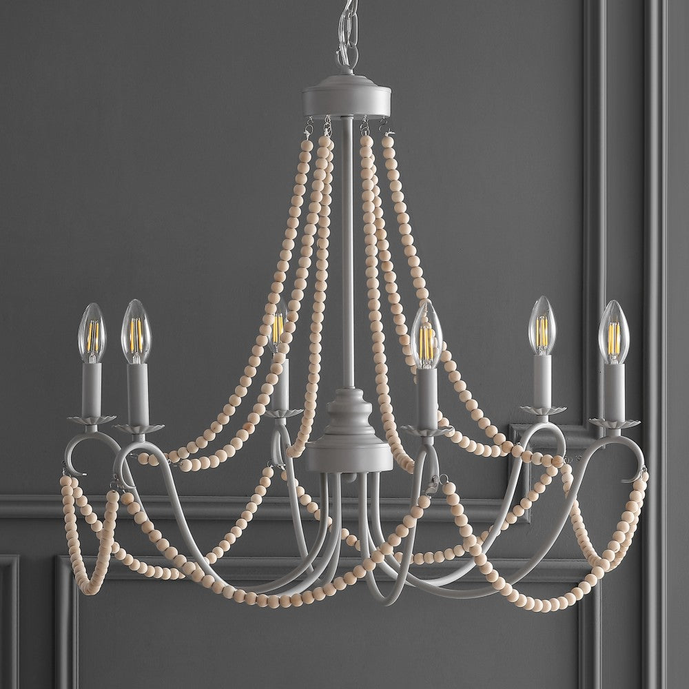 Azuero 6-Light 27" Adjustable Greige Metal/Wood Bead LED Chandelier