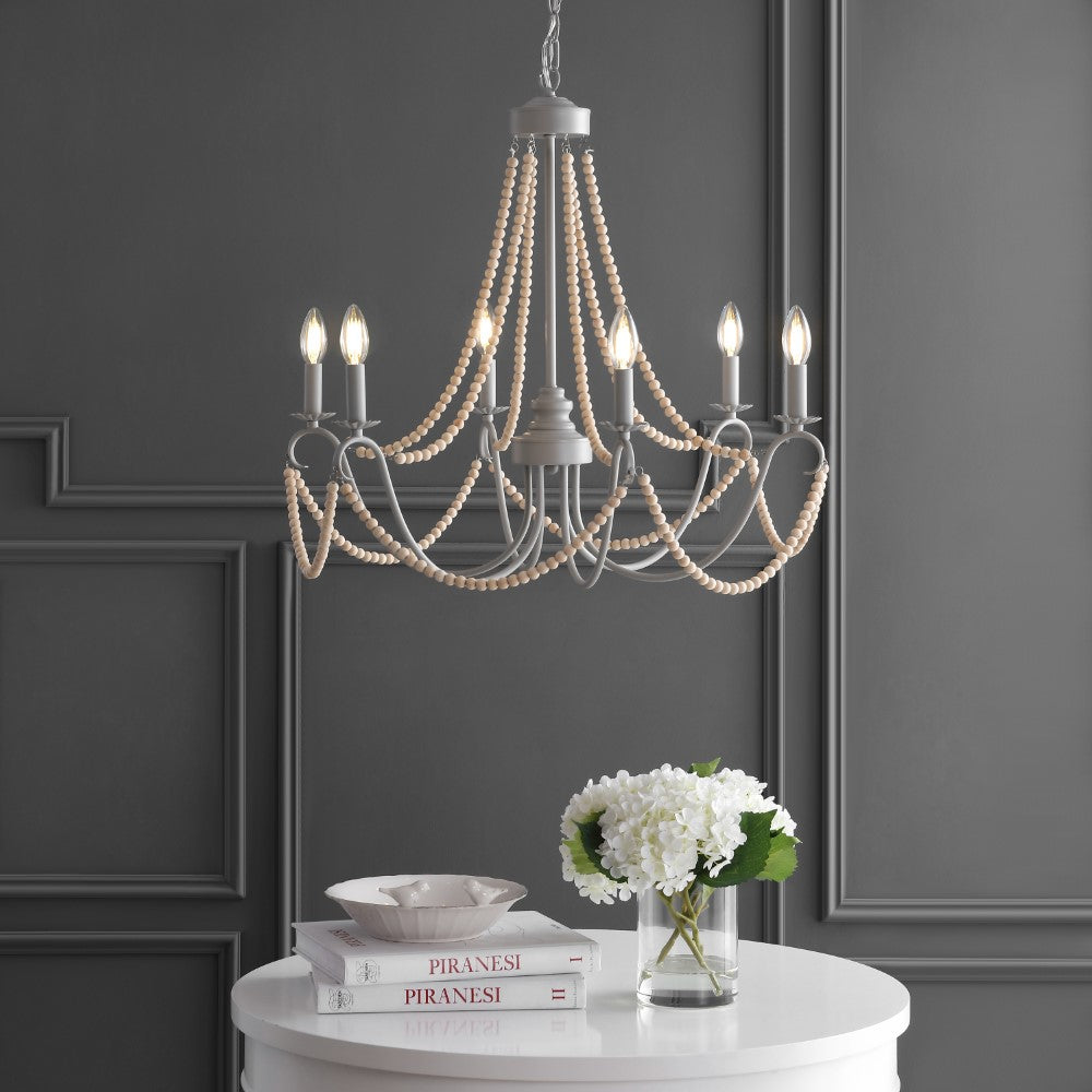 Azuero 6-Light 27" Adjustable Greige Metal/Wood Bead LED Chandelier