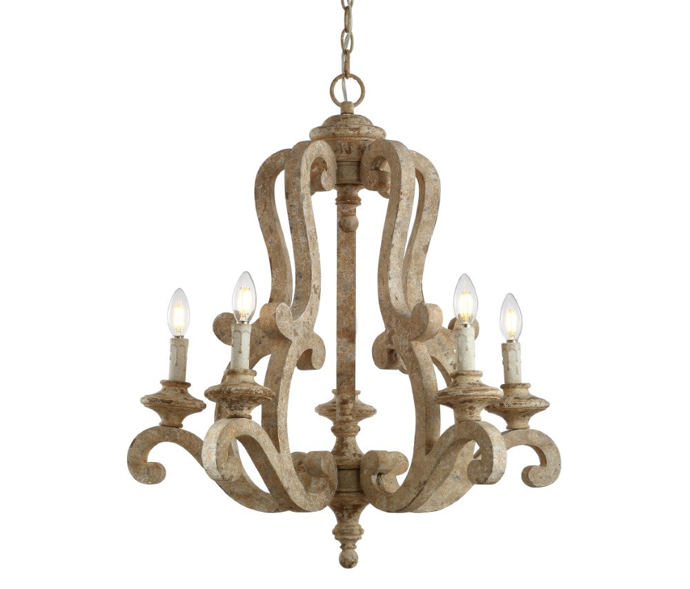Capote 5-Light 27" Adjustable Wood/Iron Rustic Scrolled LED Chandelier