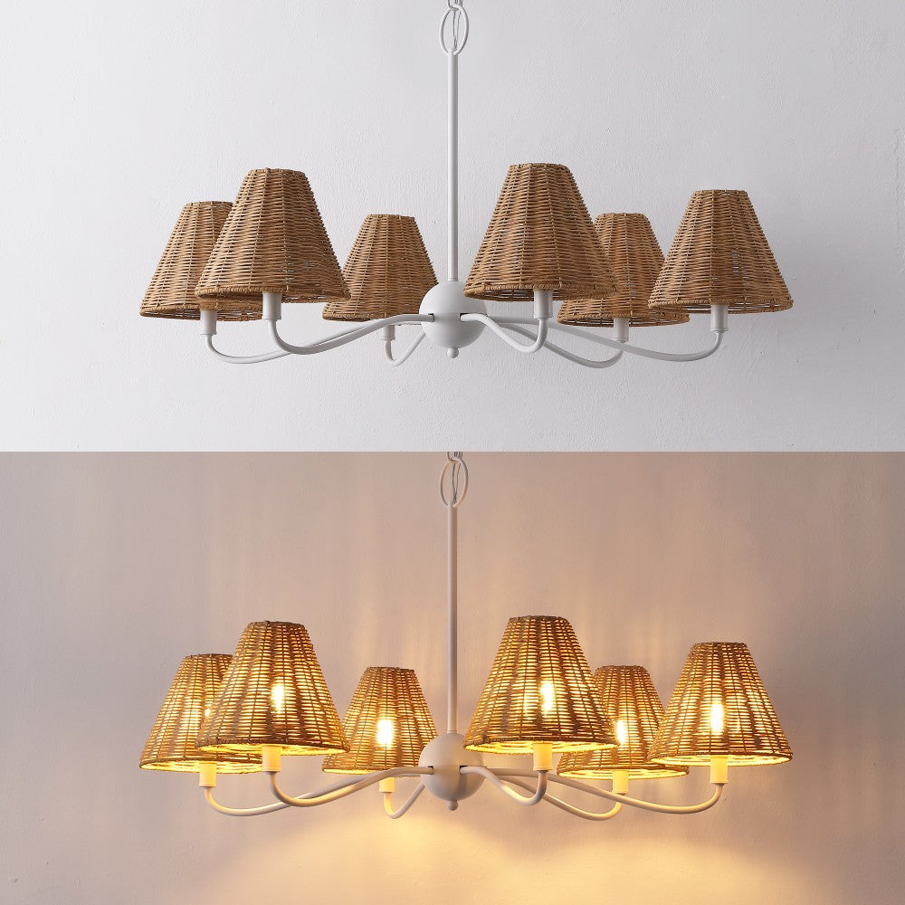 Grady Coastal Farmhouse Adjustable Swooping Arm Metal with Hand-Woven Rattan Shades LED Chandelier