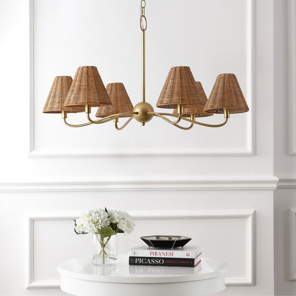Grady Coastal Farmhouse Adjustable Swooping Arm Metal with Hand-Woven Rattan Shades LED Chandelier