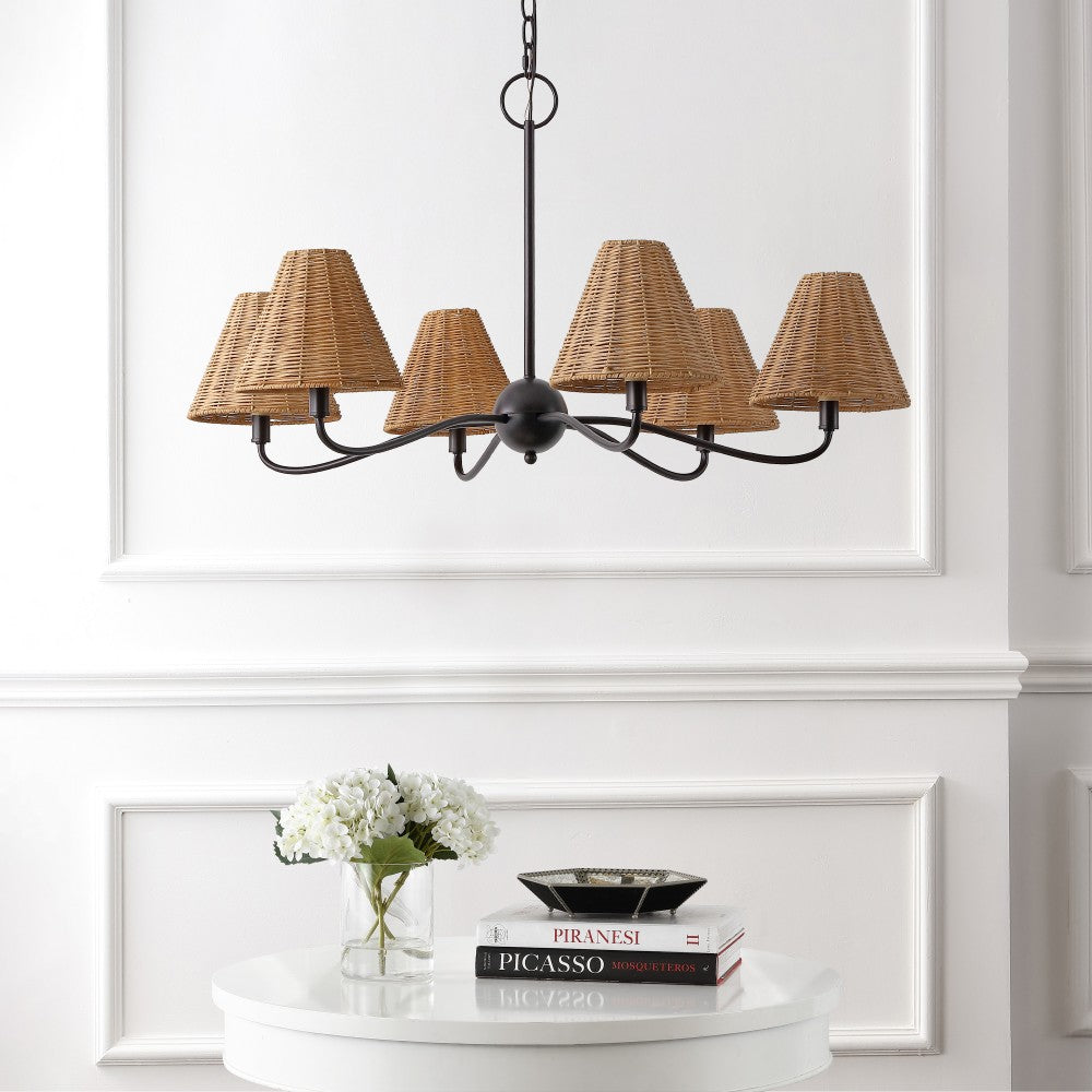 Grady Coastal Farmhouse Adjustable Swooping Arm Metal with Hand-Woven Rattan Shades LED Chandelier