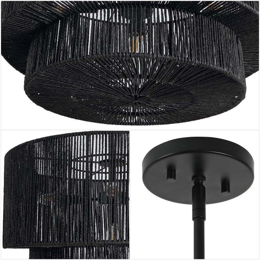 Elliott Coastal Bohemian Adjustable Metal Hand-Woven Rattan-Look Paper Rope 2-Tier Drum LED Chandelier