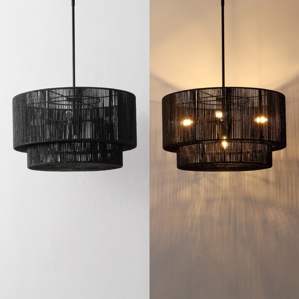Elliott Coastal Bohemian Adjustable Metal Hand-Woven Rattan-Look Paper Rope 2-Tier Drum LED Chandelier