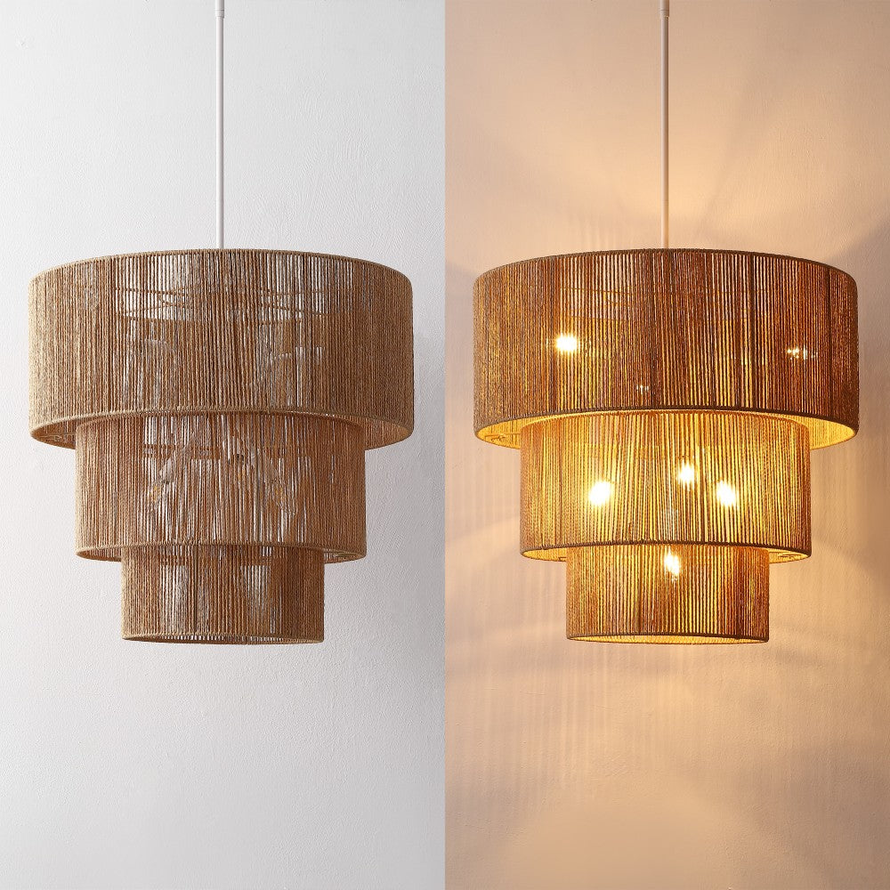 Orson 24 in. 7-Light Coastal Bohemian Metal and Woven Paper Rope 3-Tier LED Chandelier