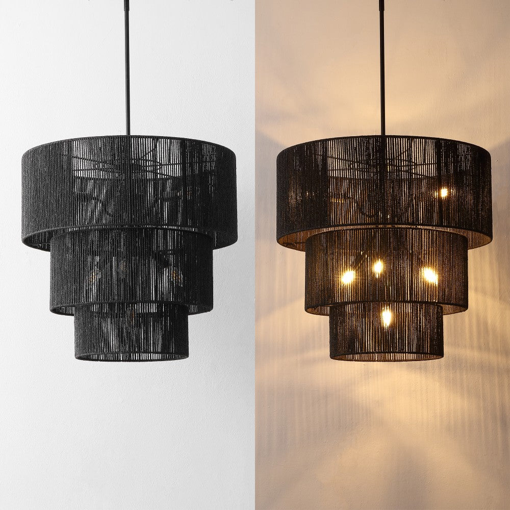 Orson 24 in. 7-Light Coastal Bohemian Metal and Woven Paper Rope 3-Tier LED Chandelier