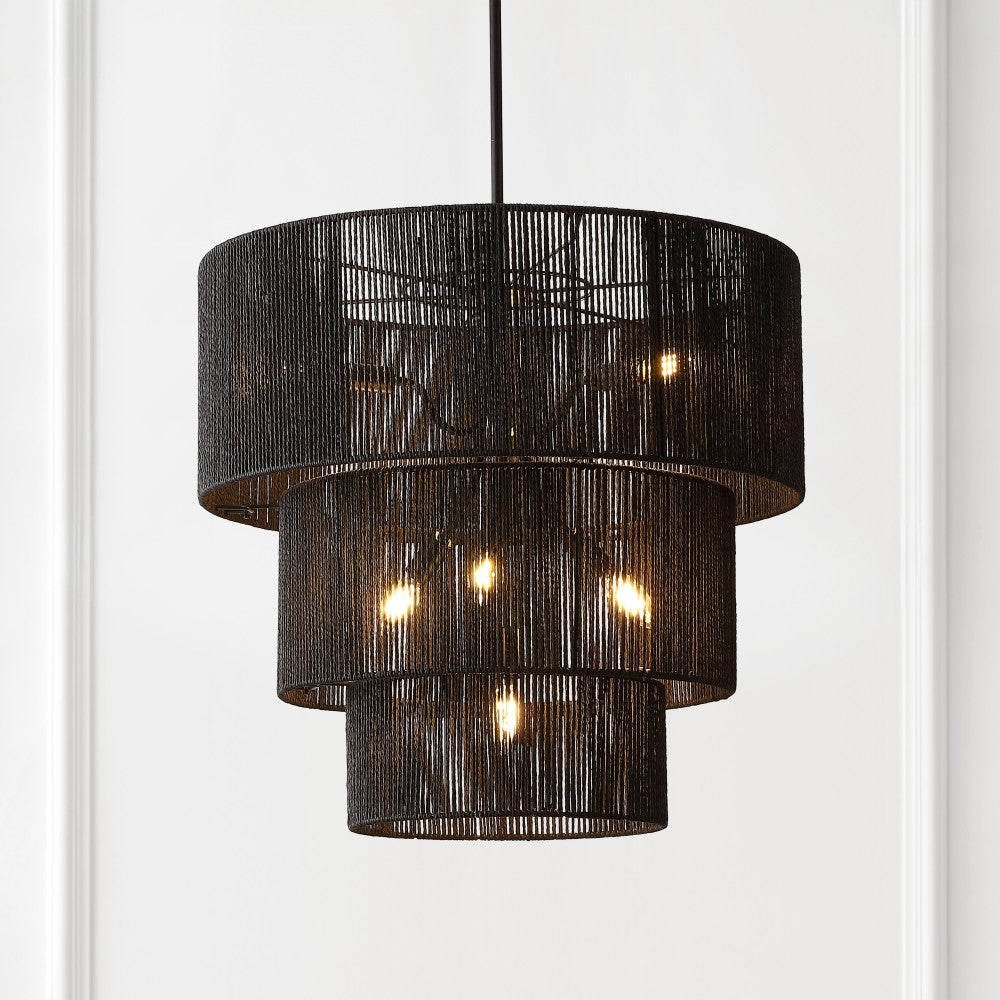 Orson 24 in. 7-Light Coastal Bohemian Metal and Woven Paper Rope 3-Tier LED Chandelier