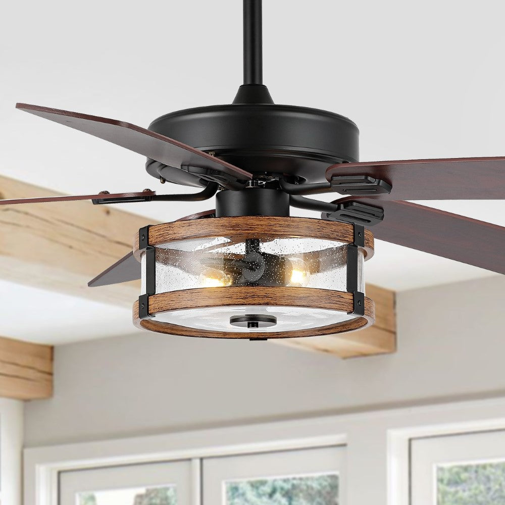 Sundowner 52" Rustic Industrial Iron/Wood/Seeded Glass Mobile-App/Remote-Controlled LED Ceiling Fan