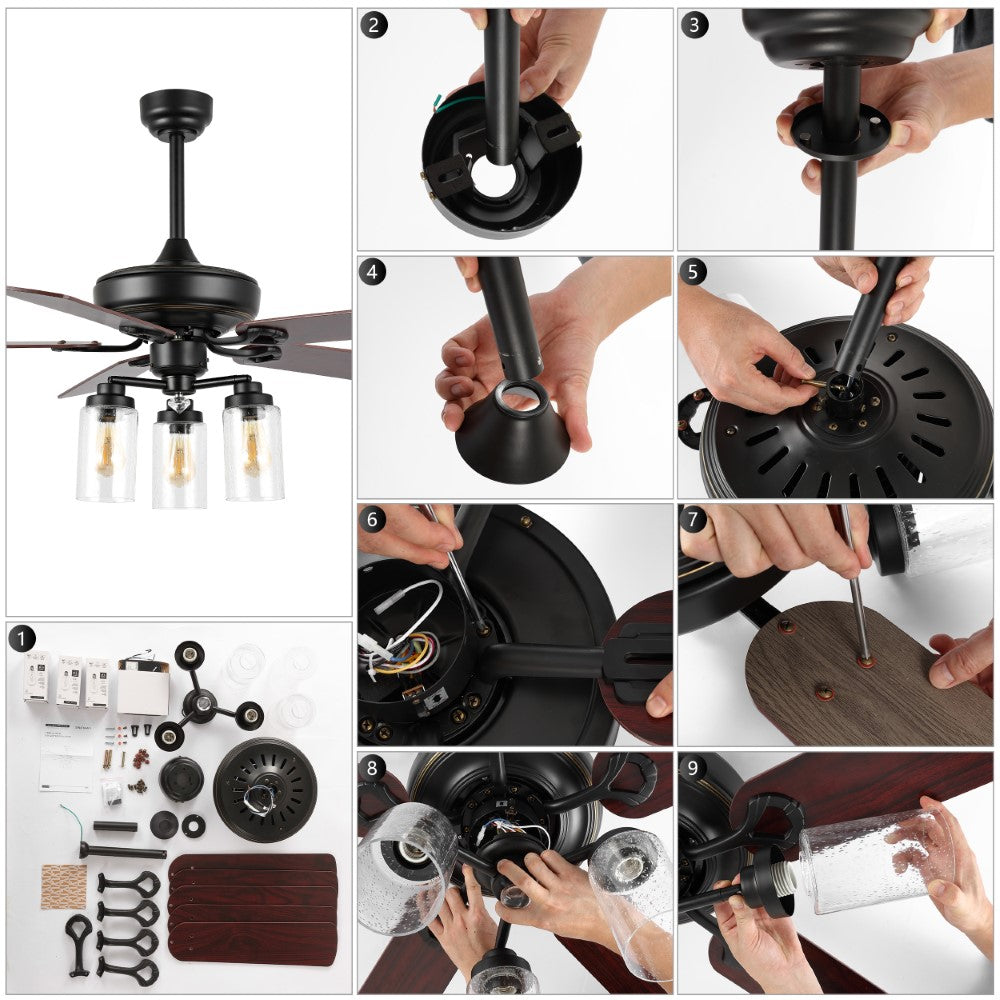 Hunter 52" Rustic Industrial Iron/Wood/Seeded Glass Mobile-App/Remote-Controlled LED Ceiling Fan