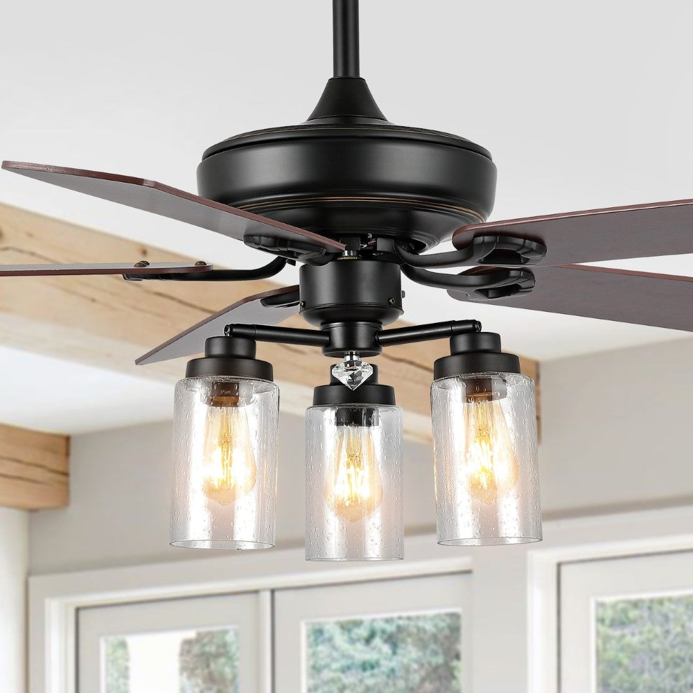Hunter 52" Rustic Industrial Iron/Wood/Seeded Glass Mobile-App/Remote-Controlled LED Ceiling Fan