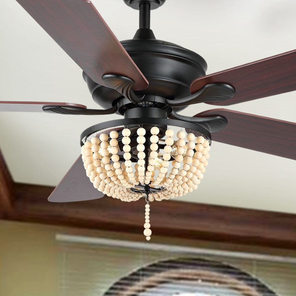 Decadent Rustic Farmhouse Iron/Wood Bead Mobile-App/Remote-Controlled LED Ceiling Fan