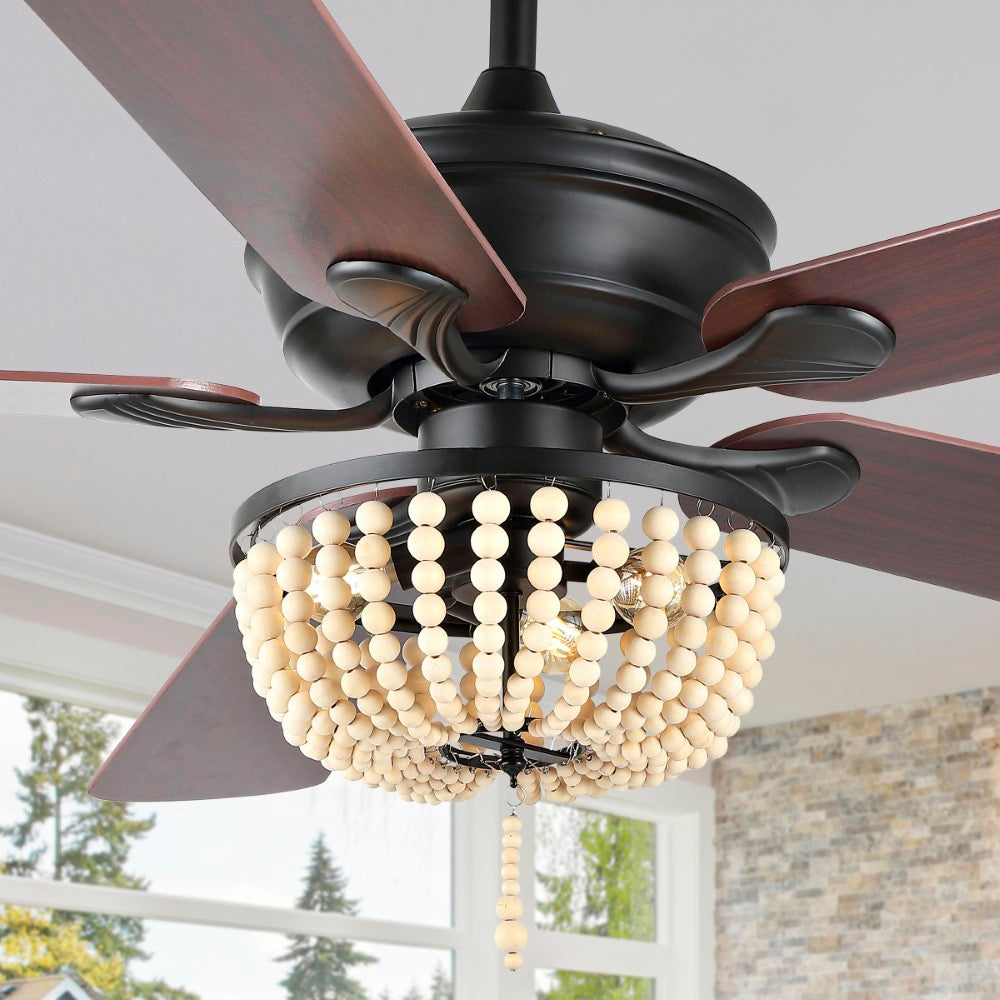 Decadent Rustic Farmhouse Iron/Wood Bead Mobile-App/Remote-Controlled LED Ceiling Fan