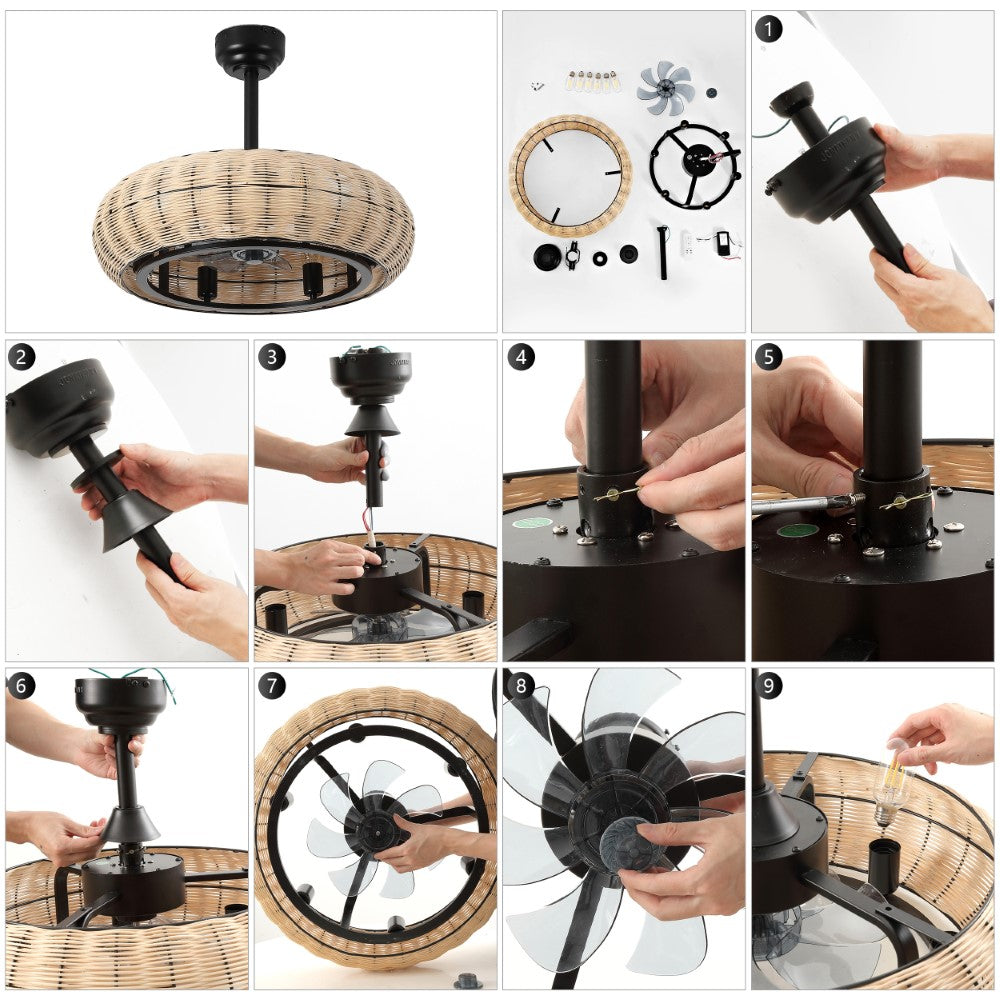 Cassidy 23" 6-Light Modern Bohemian 6-Speed Metal/Rattan Mobile-App/Remote-Controlled Height-Adjustable Lantern LED Ceiling Fan