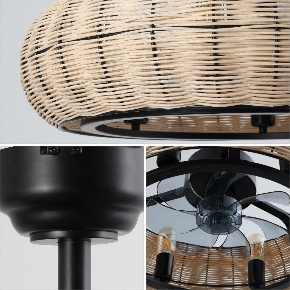 Cassidy 23" 6-Light Modern Bohemian 6-Speed Metal/Rattan Mobile-App/Remote-Controlled Height-Adjustable Lantern LED Ceiling Fan