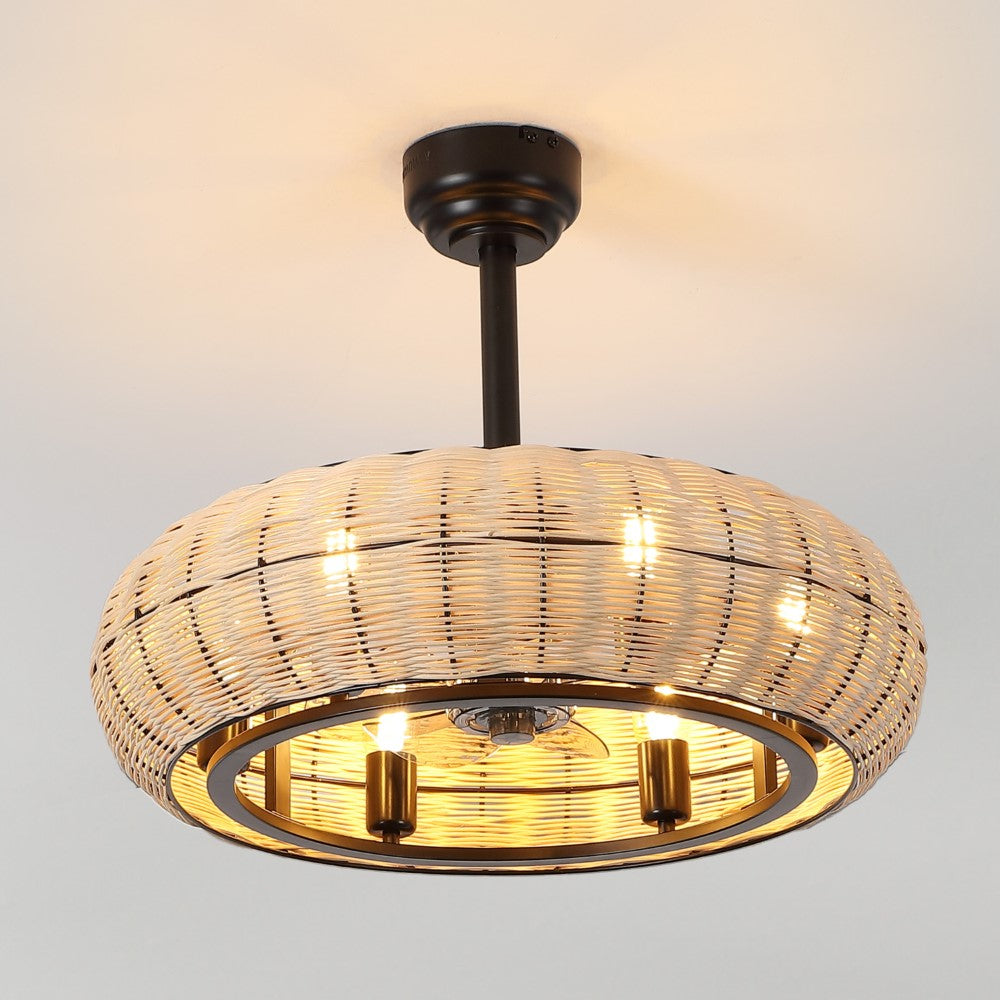 Cassidy 23" 6-Light Modern Bohemian 6-Speed Metal/Rattan Mobile-App/Remote-Controlled Height-Adjustable Lantern LED Ceiling Fan