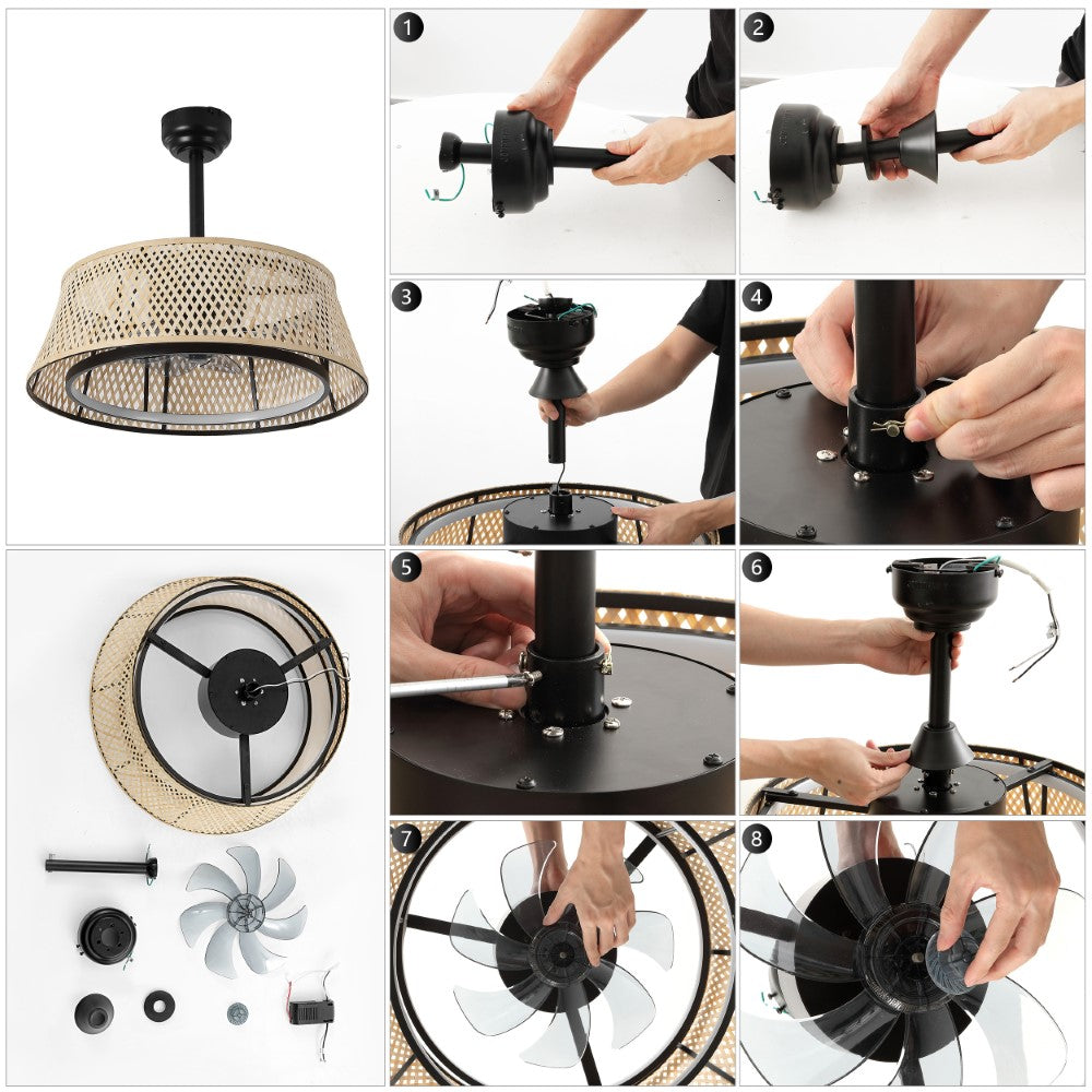 Cressida 23.75" Traditional Bohemian 6-Speed Metal/Bamboo Mobile-App/Remote-Controlled Height-Adjustable Dimmable Caged Integrated LED Ceiling Fan
