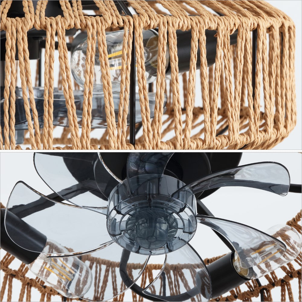 Rowan 19.5" 4-Light Modern Bohemian 6-Speed Metal/Rattan Mobile-App/Remote-Controlled Lantern LED Ceiling Fan