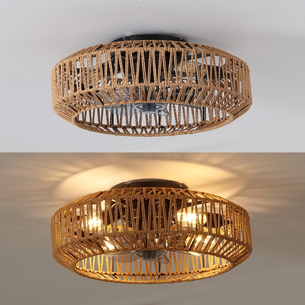 Rowan 19.5" 4-Light Modern Bohemian 6-Speed Metal/Rattan Mobile-App/Remote-Controlled Lantern LED Ceiling Fan