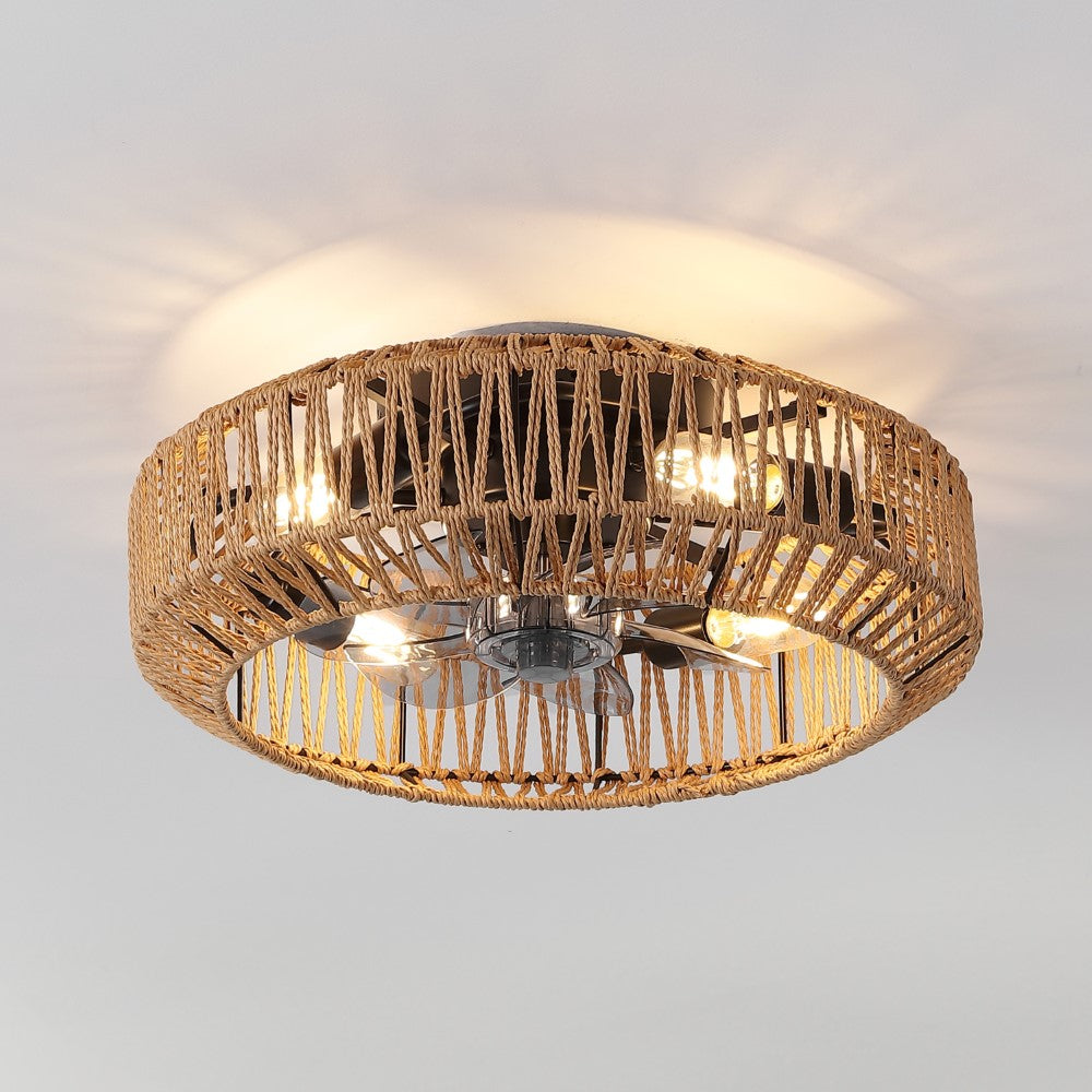 Rowan 19.5" 4-Light Modern Bohemian 6-Speed Metal/Rattan Mobile-App/Remote-Controlled Lantern LED Ceiling Fan