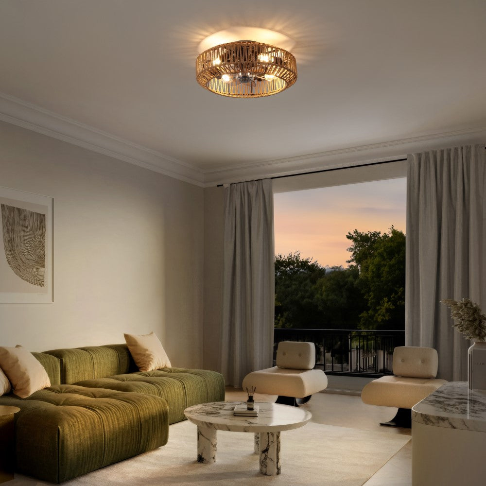 Rowan 19.5" 4-Light Modern Bohemian 6-Speed Metal/Rattan Mobile-App/Remote-Controlled Lantern LED Ceiling Fan