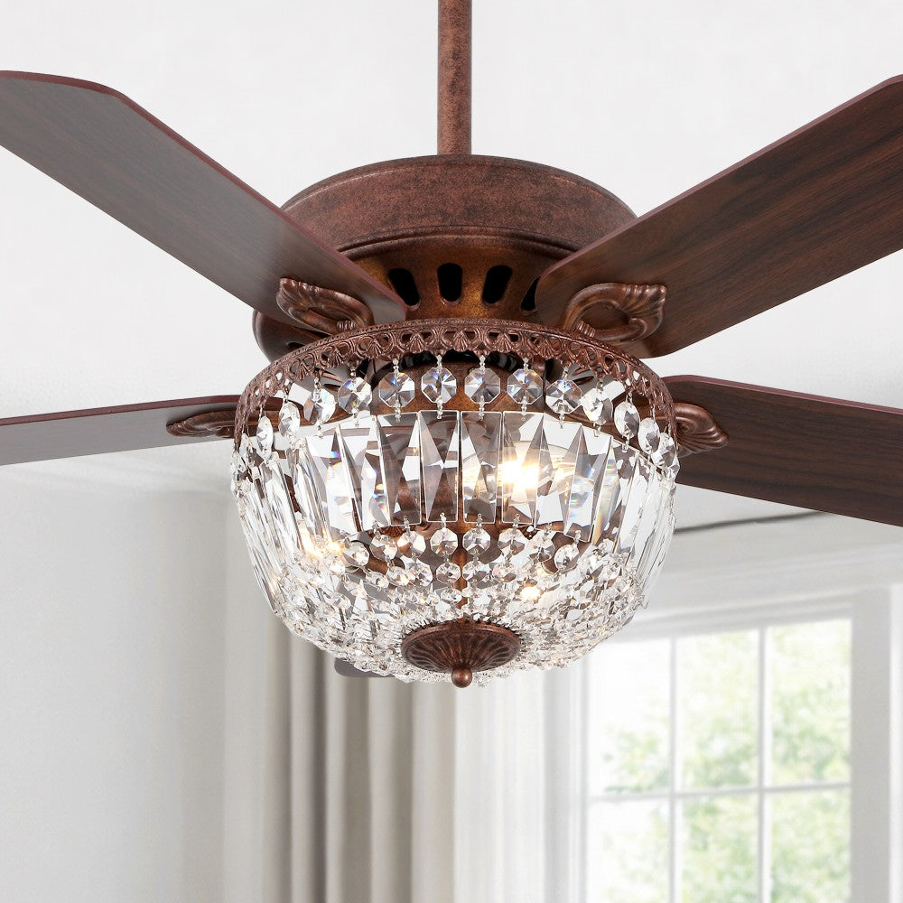 Neva 42" 3-Light Rustic Industrial 6-Speed Metal/Crystal Bowl Shade Mobile-App/Remote-Controlled LED Ceiling Fandelier