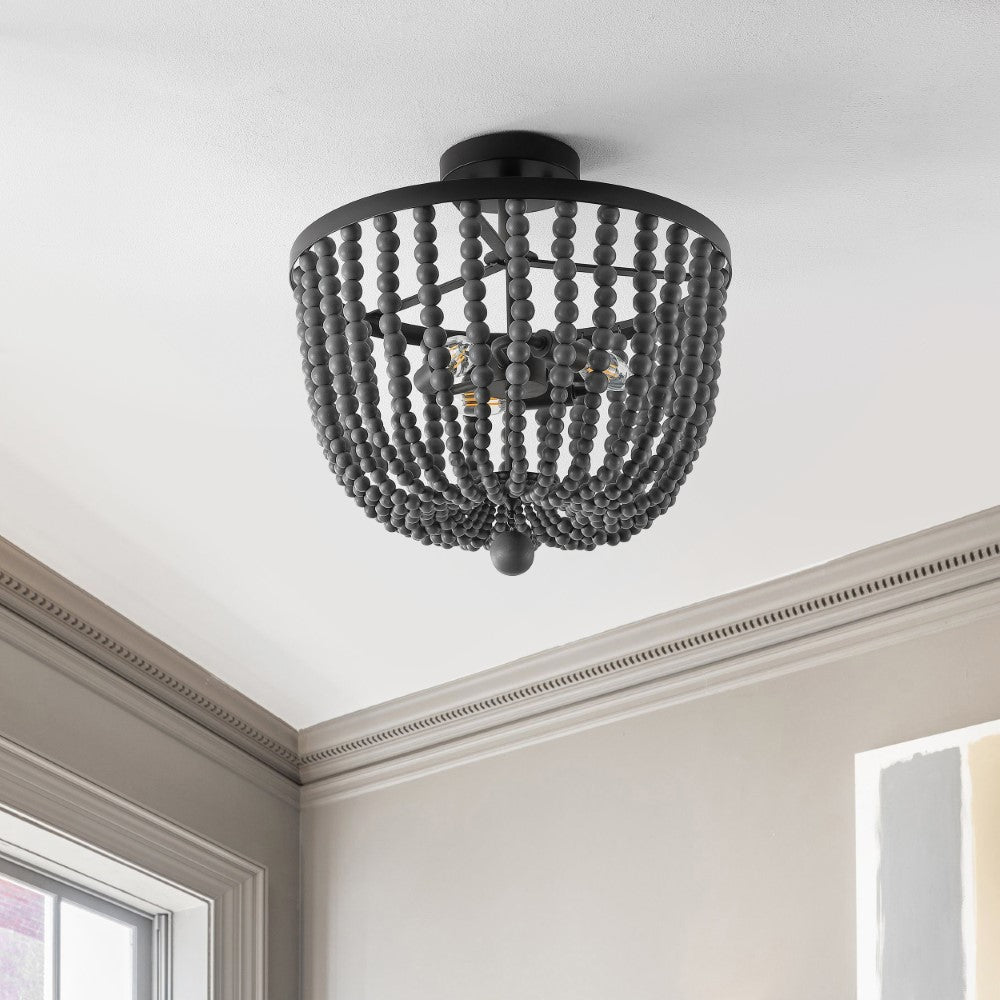 Kari Wood Bead 16" Bohemian Farmhouse Iron LED Semi Flush Mount