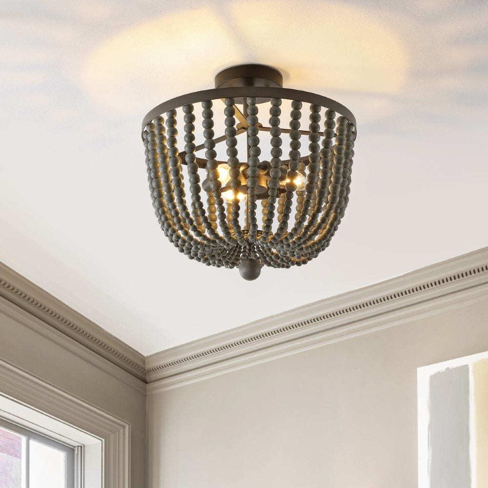Kari Wood Bead 16" Bohemian Farmhouse Iron LED Semi Flush Mount