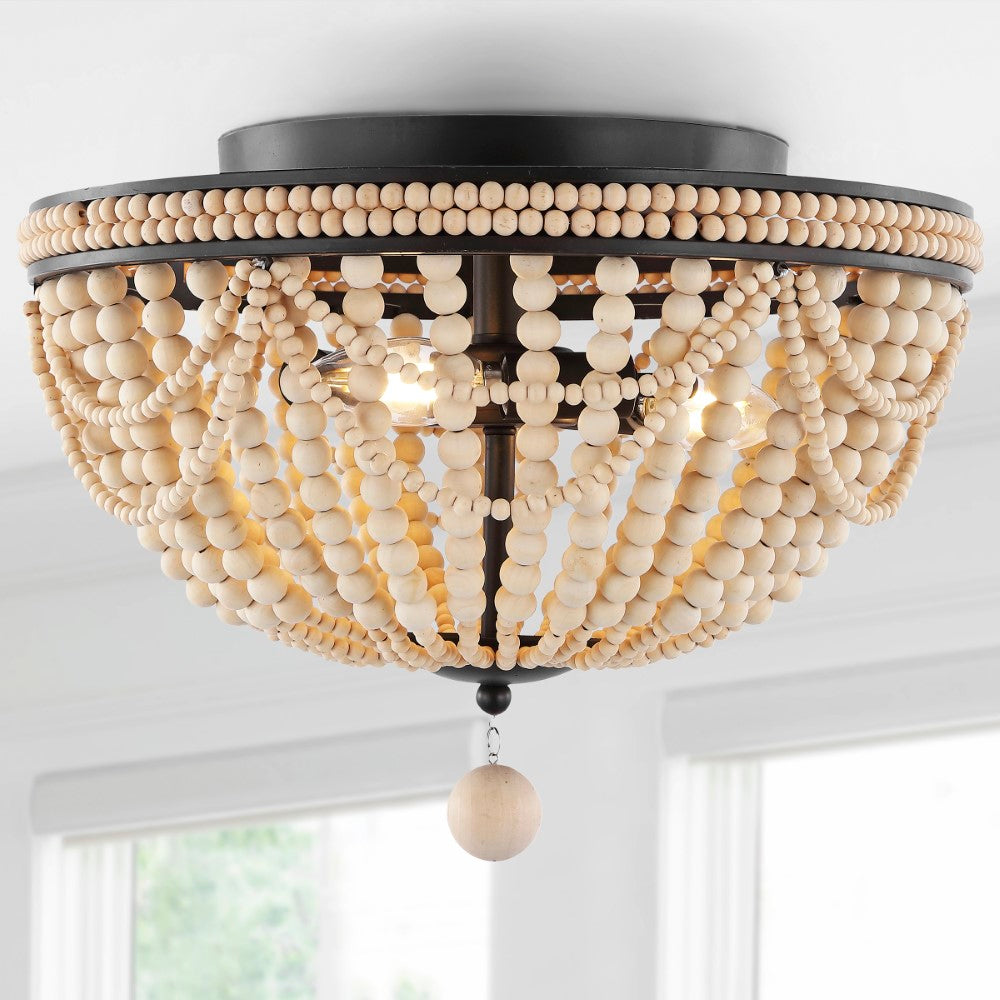 Dune Wood Bead 15.25" Bohemian Farmhouse Iron LED Semi Flush Mount