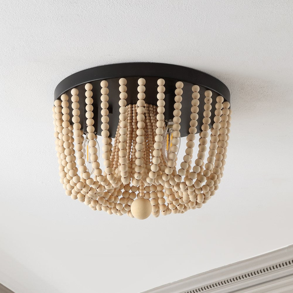 Zander Distressed 13" Coastal Farmhouse Iron/Wood Bead LED Flush Mount