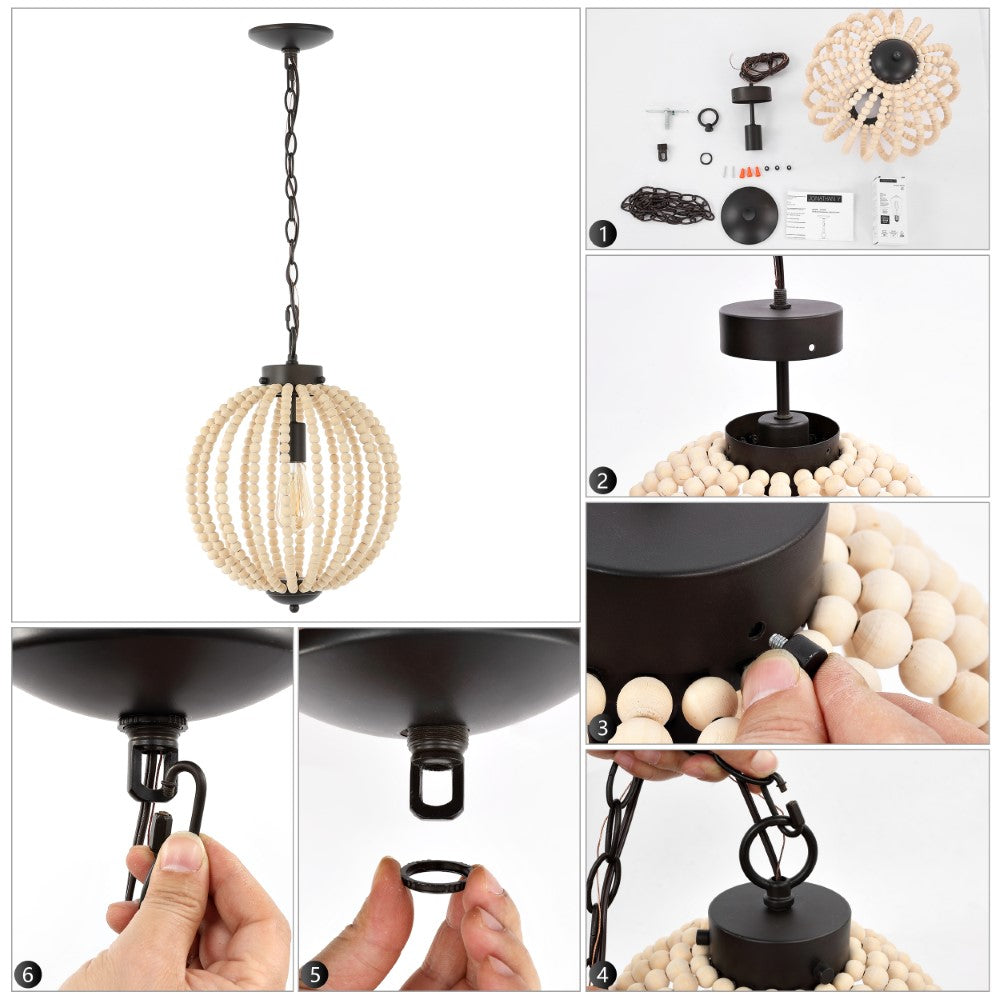 Klosm 12.5" Rustic Bohemian Iron/Wood Bead LED Pendant