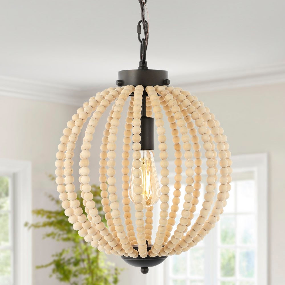 Klosm 12.5" Rustic Bohemian Iron/Wood Bead LED Pendant