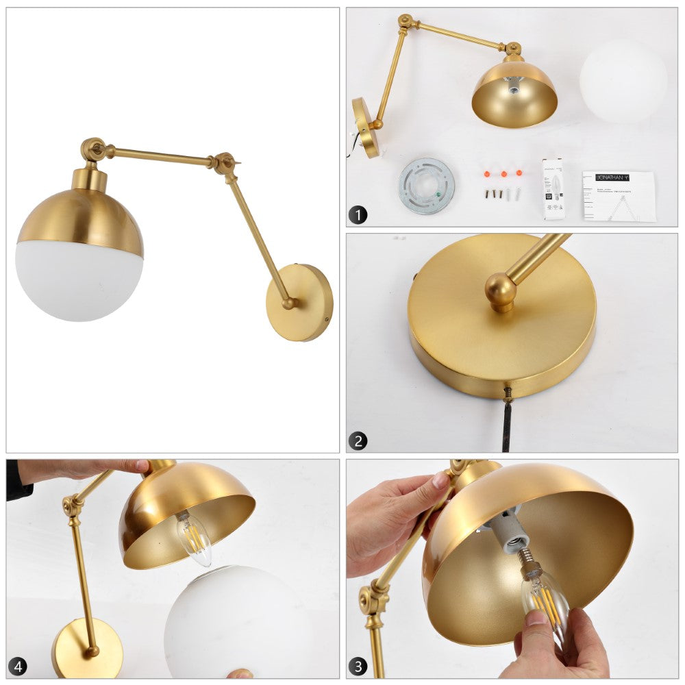 Brass 8" Mid-Century Modern Arm-Adjustable Iron/Glass LED Sconce