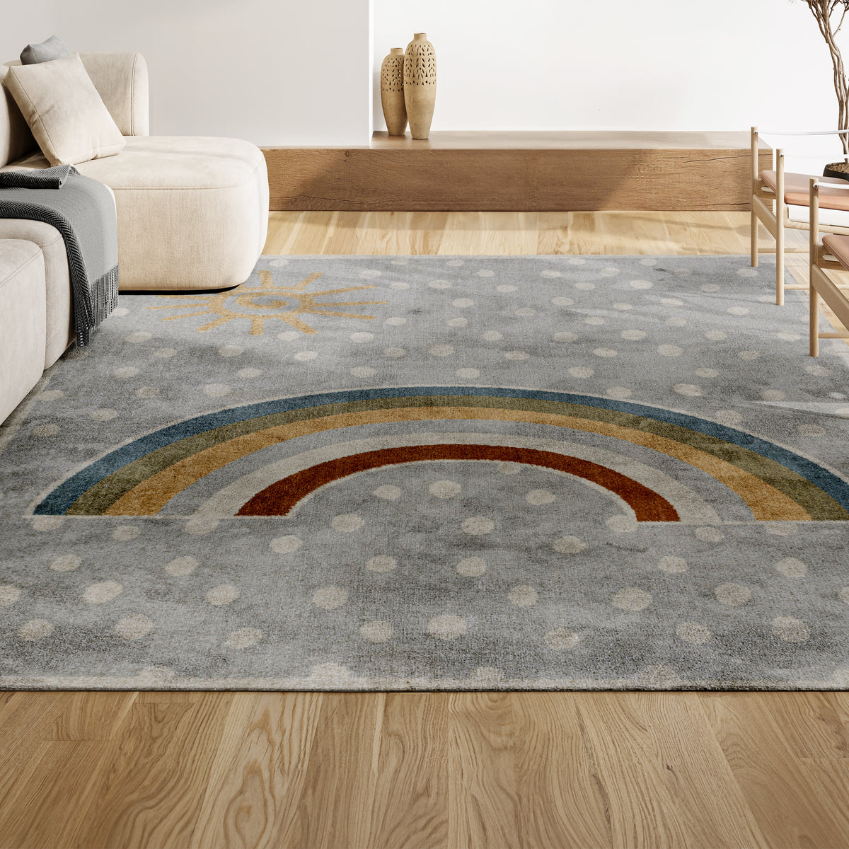 Curved Rainbow Dot Modern Machine-Washable Area Rug