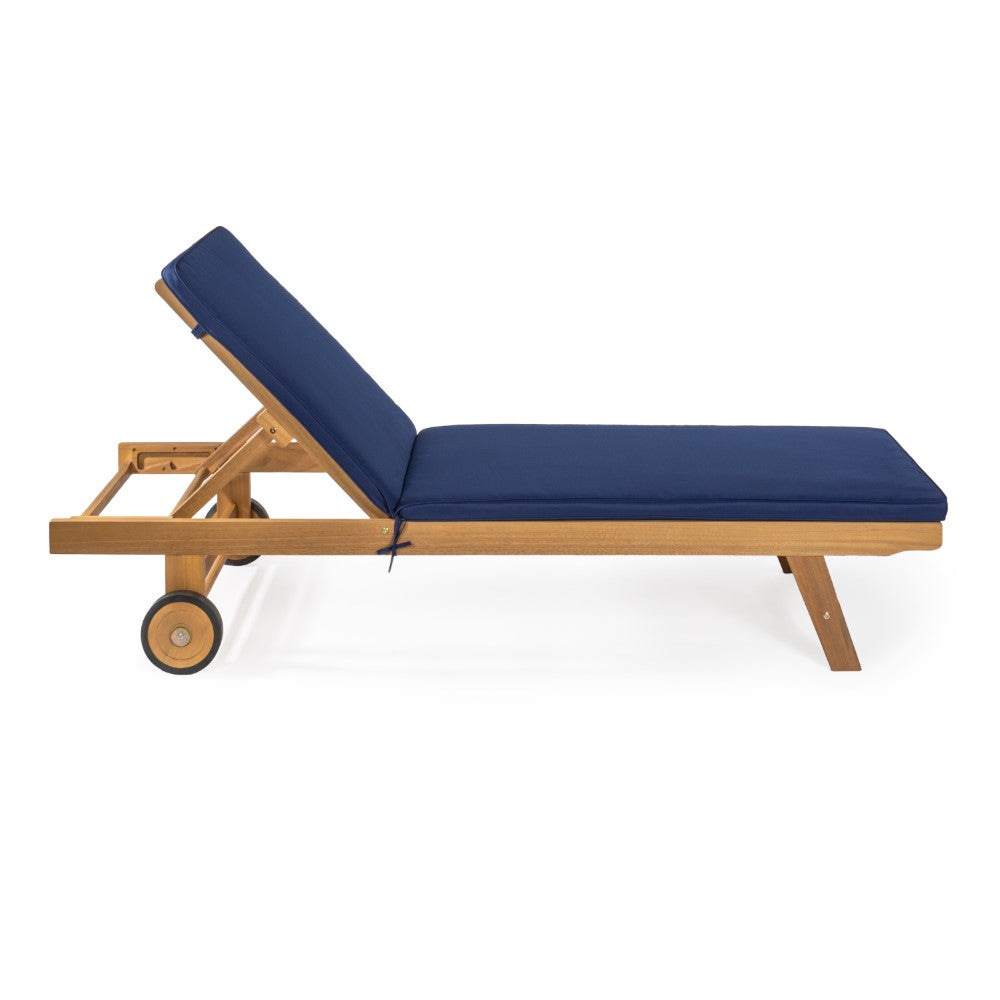 Senia 77.56"x23.62" Modern Classic Adjustable Acacia Wood Chaise Outdoor Lounge Chair with Cushion & Wheels