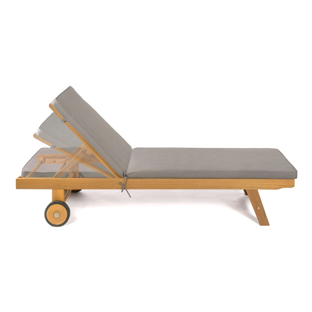Senia 77.56"x23.62" Modern Classic Adjustable Acacia Wood Chaise Outdoor Lounge Chair with Cushion & Wheels