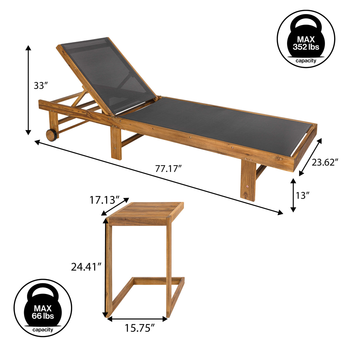 Briarwind Coastal Modern Acacia Wood Mesh 3-Position Outdoor foldable Chaise Lounge Set with Side Table
