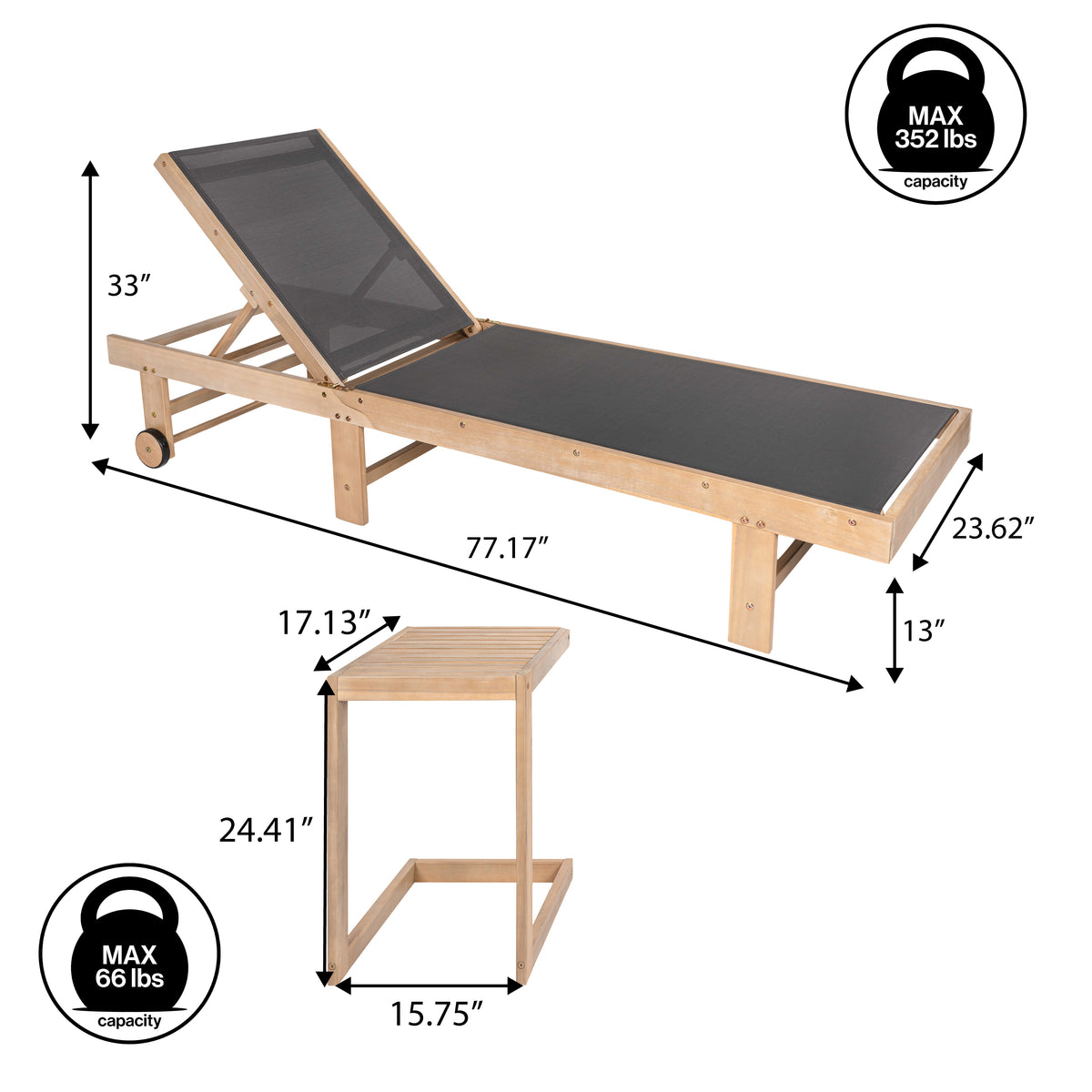 Briarwind Coastal Modern Acacia Wood Mesh 3-Position Outdoor foldable Chaise Lounge Set with Side Table