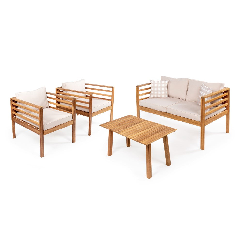 Oana 4-Piece Mid-Century Modern Acacia Wood Outdoor Patio Set with Cushions and Plaid Decorative Pillows