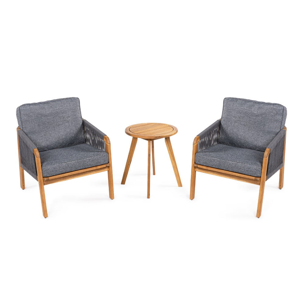 Peacock 3-Piece Modern Bohemian Roped Acacia Wood Conversation Outdoor Patio Set with Cushions