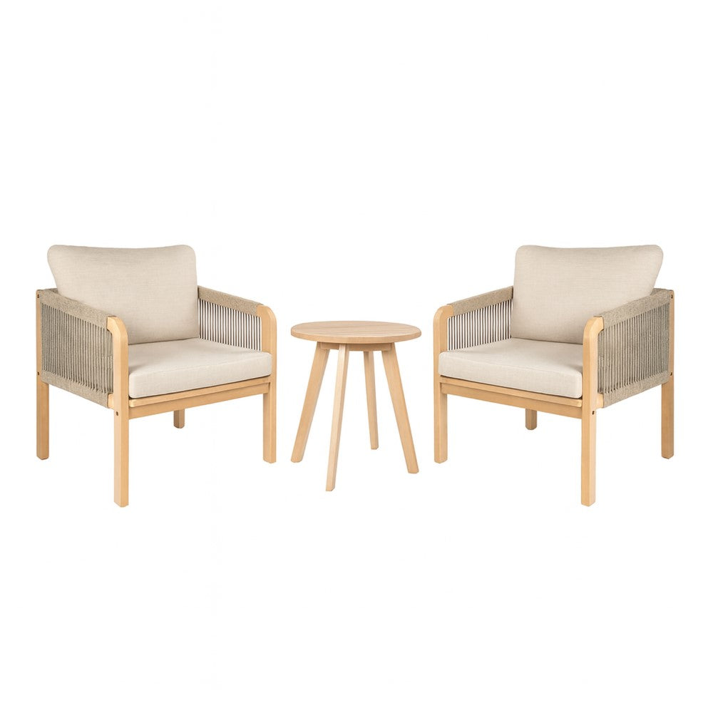 Emberfern 3-Piece Modern Bohemian Roped Corner Acacia Wood Conversation Outdoor Patio Set with Cushions