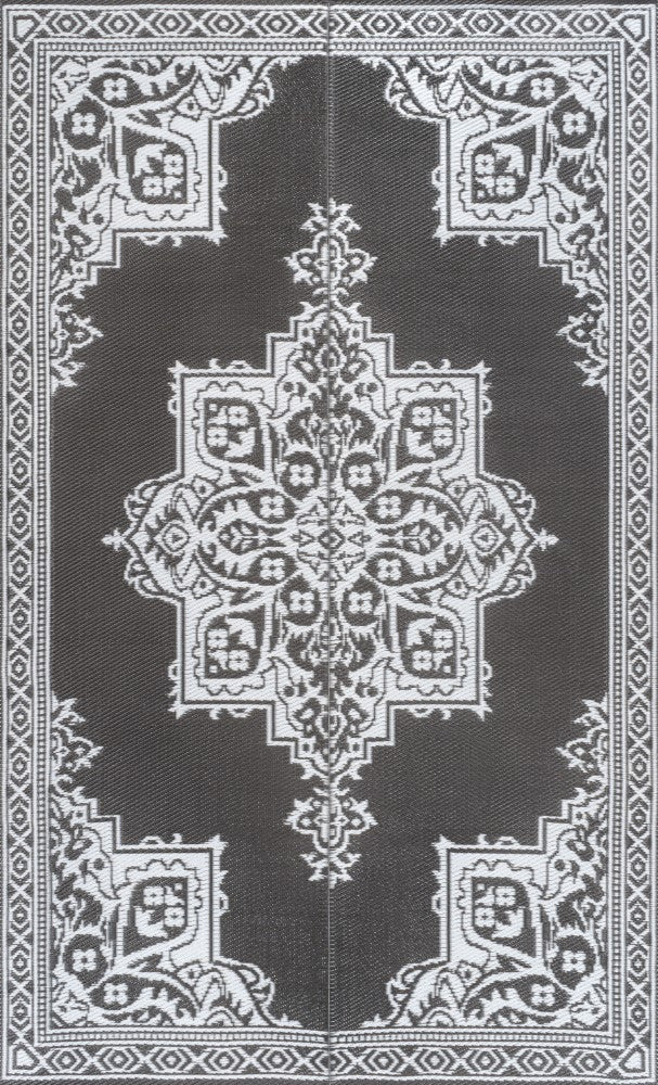 Stonegrove Medallion Border Foldable Waterproof Reversible Plastic Straw Area Rug