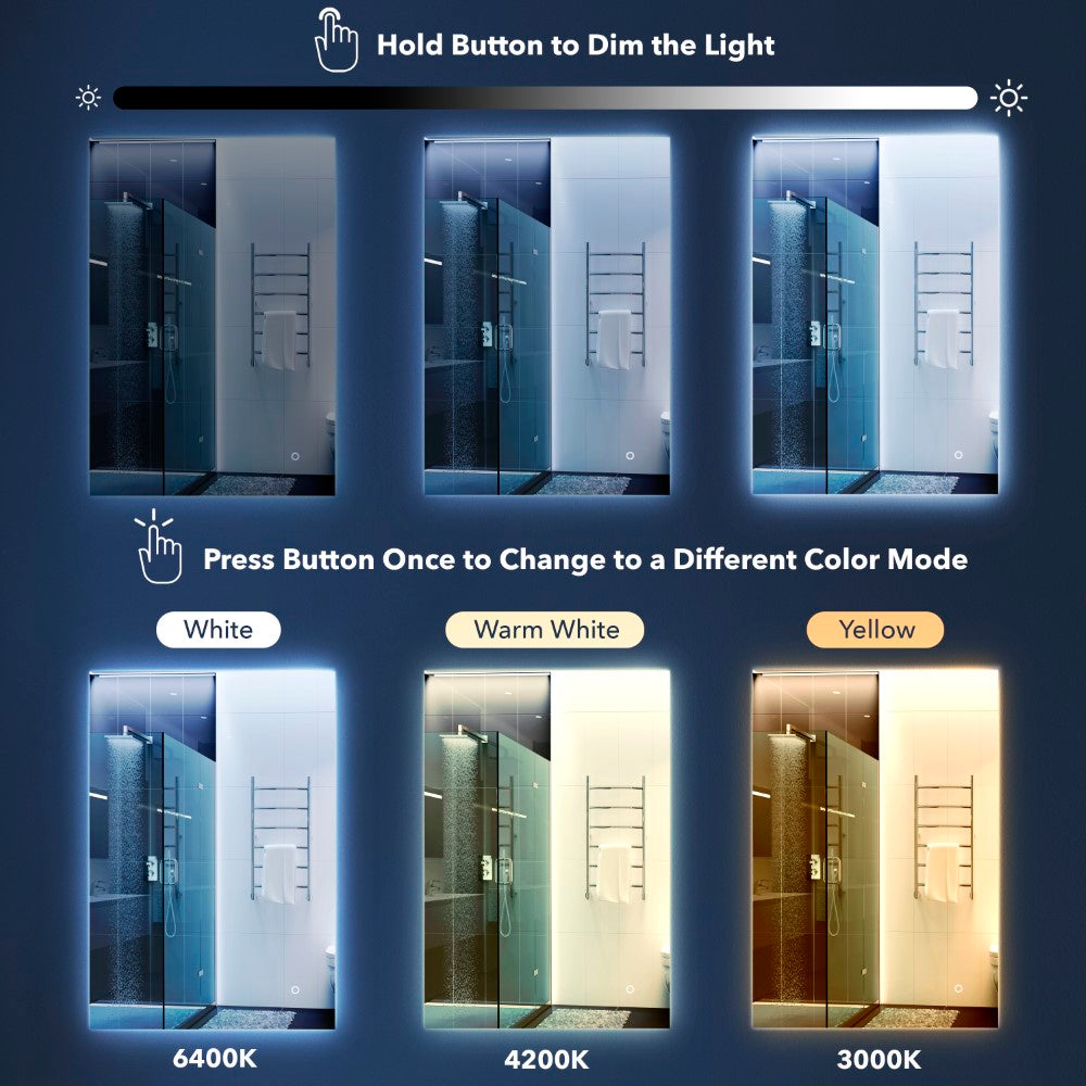 Paige Rectangular Frameless Anti-Fog Aluminum Back-lit Tri-color LED Bathroom Vanity Mirror with Smart Touch Control