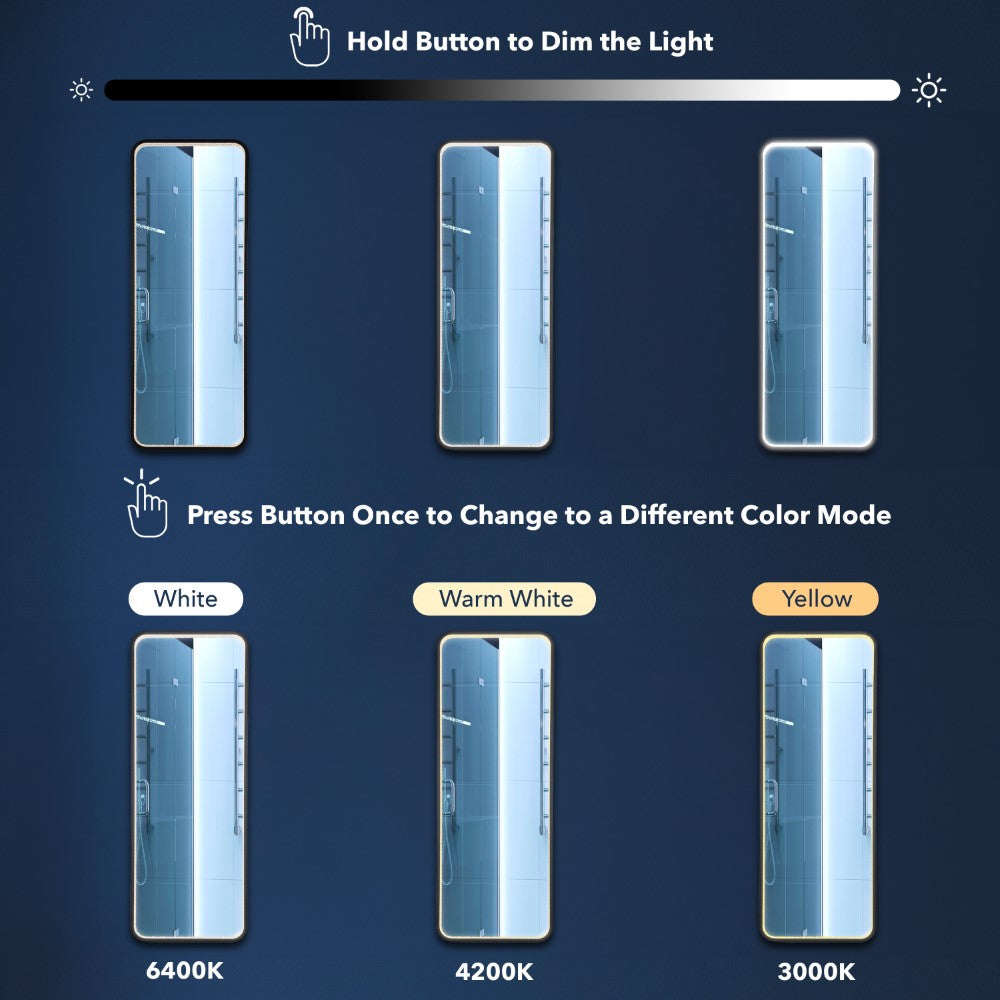 Accent Crystal Lining Rectangle Metal Framed Antifog Front-Lit Tri-Color Wall Or Floor Full-Length Mirror with Smart Touch