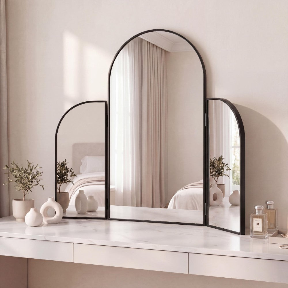 Desertfern 3-Way 28 in. W x 28 in. H Medium Arch Trifold Adjustable Aluminum Alloy Framed Vanity Mirror for Tabletop and Wall Mount